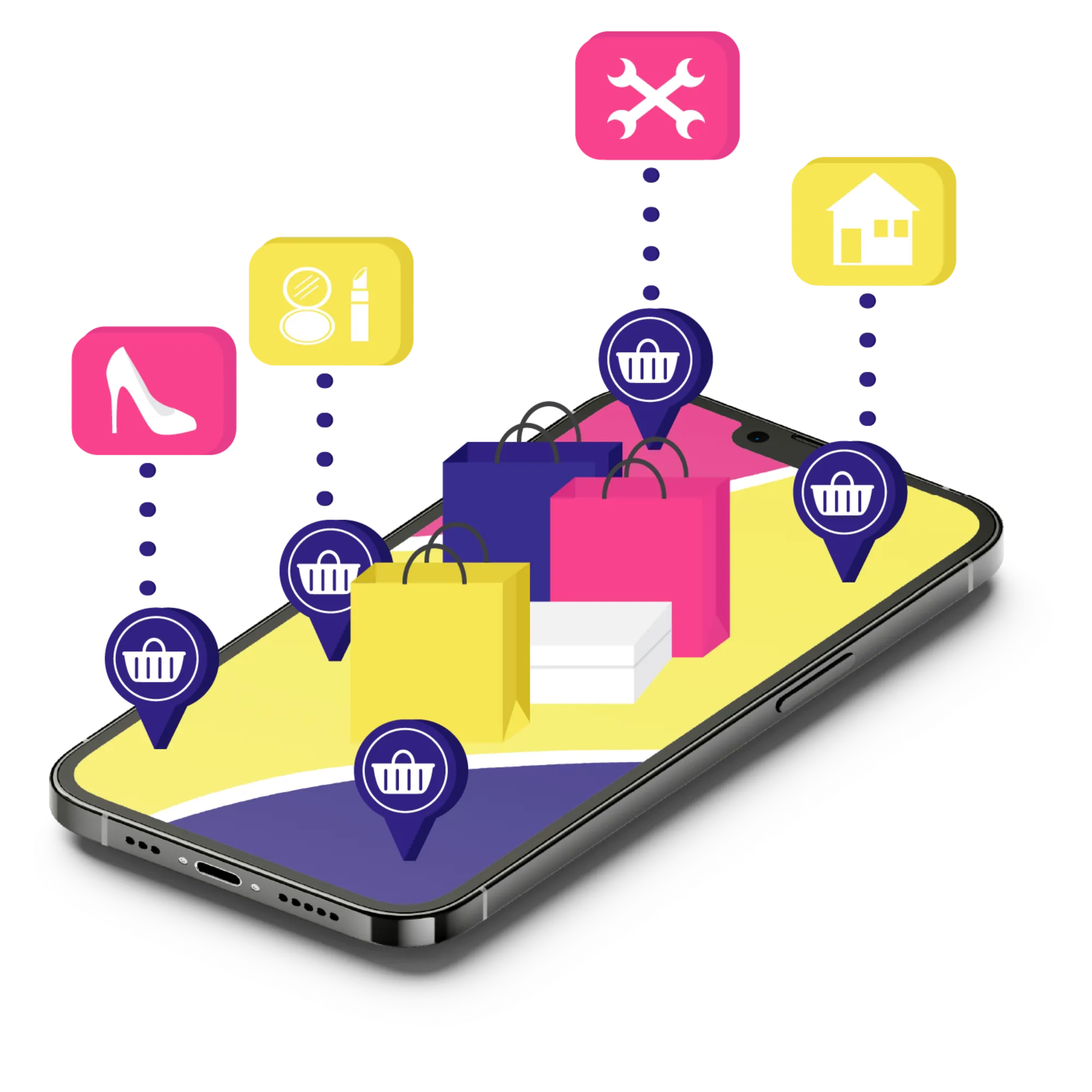 visuel d'un téléphone avec des catégories d'offres locales qui y sort