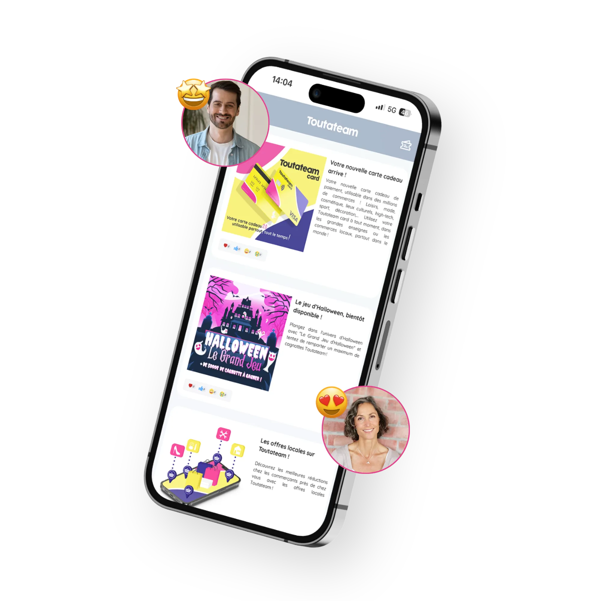 image d'un téléphone sur la plateforme Toutateam et des personnes qui aiment celui-ci