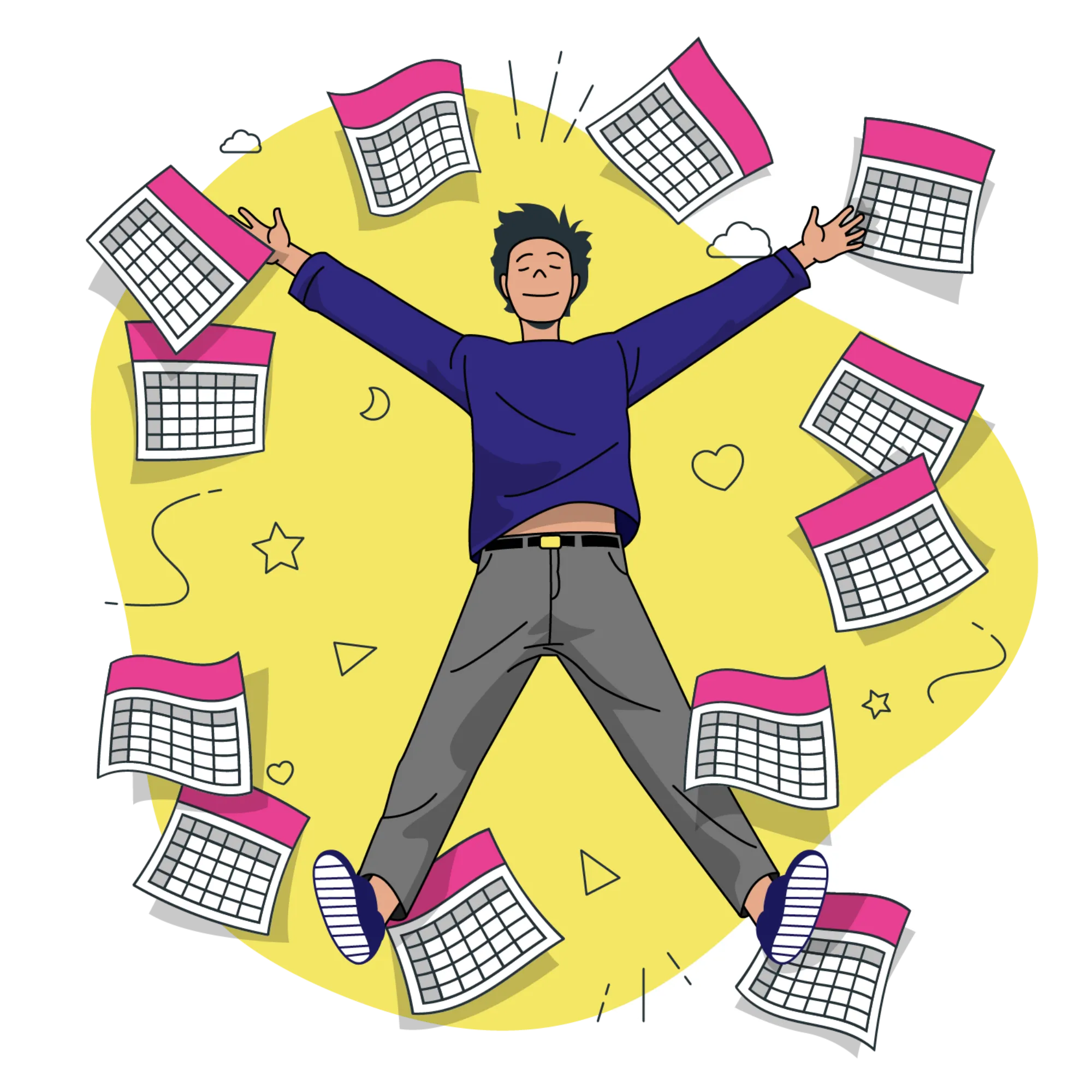 image d'une personne heureuse entourée de calendrier