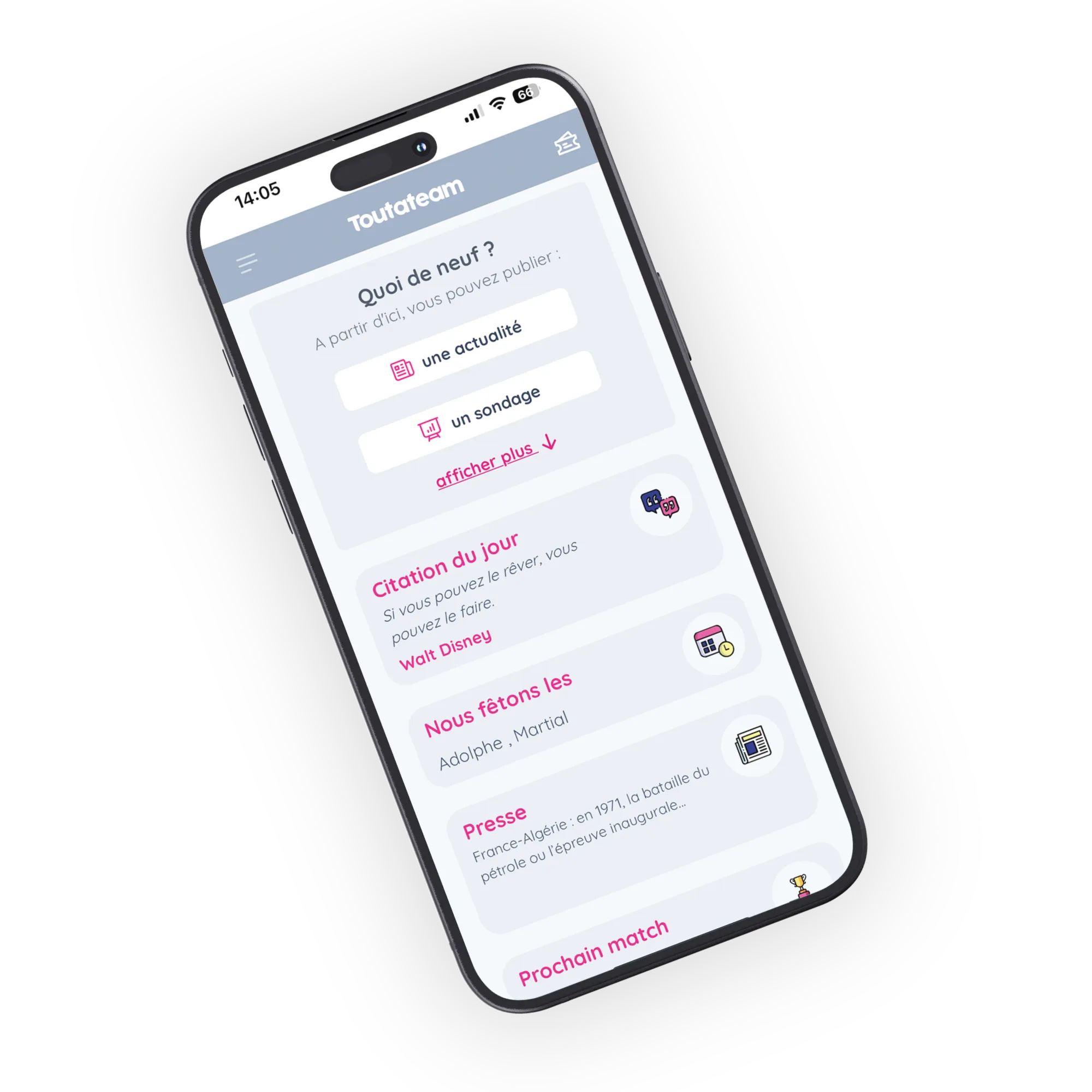 image d'un téléphone sur la page d'accueil de la plateforme Toutateam